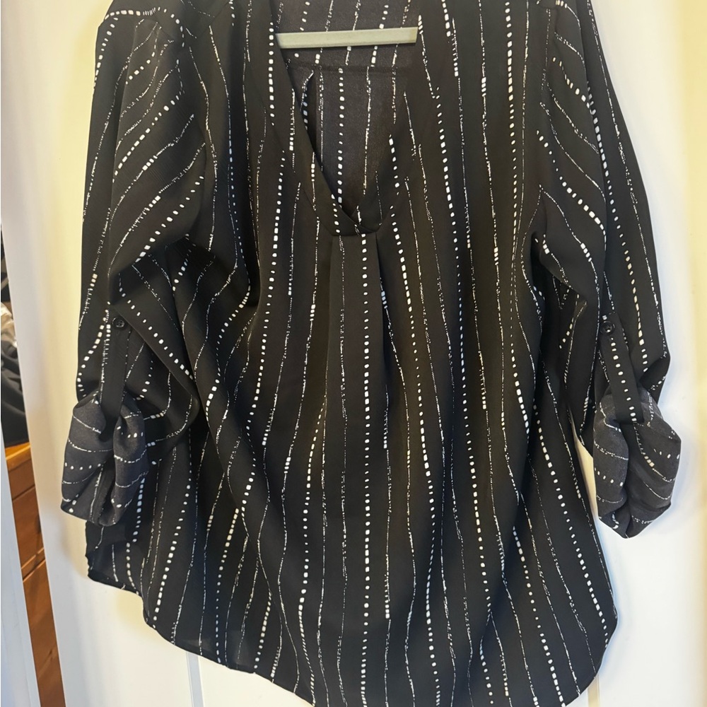 Women's Black Stripe V-Neck Blouse with Rolled Sleeve